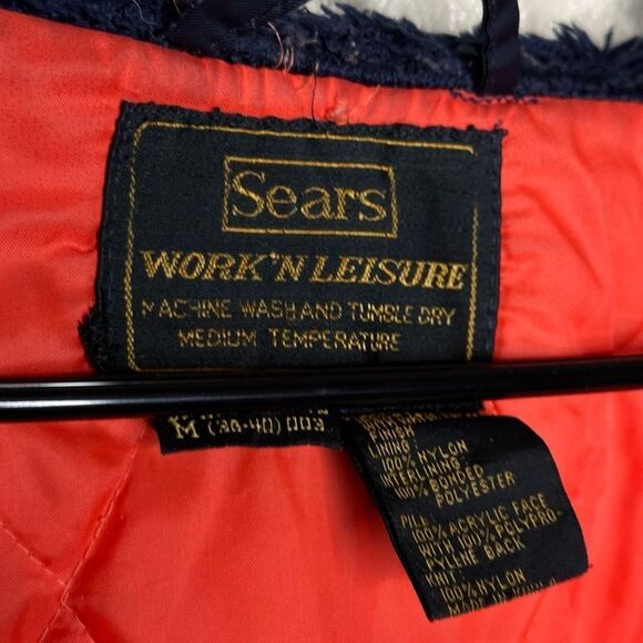 VTG Sears Work Leisure Faux Fur Bomber Flight Nylon Jacket L 38-40 Navy Blue - Picture 6 of 6